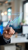 Businessman touching holographic financial growth chart showing upward trend with percentage data in modern office environment for business analytics.