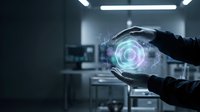 Scientist hands holding glowing holographic sphere with digital interface in modern laboratory for futuristic technology research and innovation.