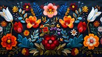 Vibrant folk art floral composition with red, orange and white blooms against dark background. Traditional ornamental pattern with symmetrical arrangement of flowers and decorative leaves.