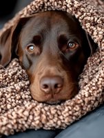 Chocolate Labrador with striking blue eyes wrapped in cozy brown knitted blanket, close-up portrait showing sweet expression and soft features.