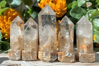 Natural smoky quartz crystal points arranged in ascending height with orange marigold flowers and green leaves in background, displaying mineral formation.