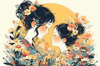 Asian mother and daughter profiles surrounded by delicate peach and white wildflowers against golden sun, artistic illustration showing tender family moment.