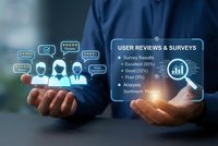 Business professional analyzing customer feedback data with digital interface showing user reviews, surveys and rating statistics for market research.
