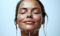Young woman with glowing skin splashing water on face during skincare routine, showcasing hydration and freshness against blue background.