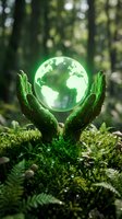 Hands holding glowing green globe above moss and ferns in forest, symbolizing environmental protection, sustainability, and renewable energy conservation.