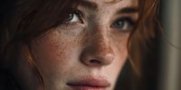 Close-up portrait of young Caucasian woman with freckles and auburn hair looking directly at camera with intense green eyes and natural makeup.