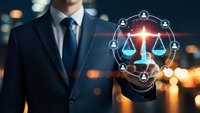 Professional businessman in suit touching glowing digital justice scales with network connections representing legal technology and law firm services.