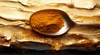 Ground cinnamon powder in wooden spoon on golden textured background with dramatic lighting and shadows, macro food photography.