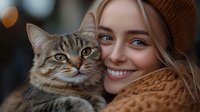 Young blonde woman in cozy knit sweater smiling warmly while cuddling adorable tabby cat with striking amber eyes in soft natural lighting.