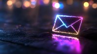 Glowing neon envelope icon with sparkle effect on dark background with colorful bokeh lights, digital communication concept for email marketing and messaging.