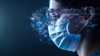 Medical professional wearing protective face mask with digital network overlay effect in blue tones, representing healthcare technology and data protection.