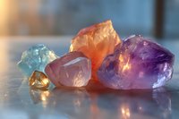 Colorful healing crystals and gemstones in sunlight on reflective surface, including amethyst, rose quartz, citrine, and aquamarine for spiritual practices.