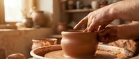 Potter's hands shaping clay bowl on spinning wheel in warm sunlit ceramic studio workshop with traditional pottery tools and earthenware vessels.
