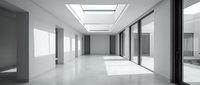 Modern empty office corridor with polished floors, glass partitions, and skylights creating bright, professional workspace suitable for corporate interiors and commercial design projects.