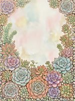 Watercolor succulent frame with pastel pink, purple, and green plants surrounding a soft textured background, perfect for cards and prints.