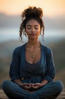 Young African American woman with curly hair in meditation pose at sunset, wearing casual blue clothing and pendant necklace, eyes closed in peaceful expression.