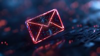 Glowing neon red envelope icon floating over circuit board with bokeh lights background, digital communication concept for email marketing and messaging.