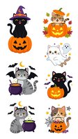 Cute Halloween cat characters with witch hat, pumpkins, ghost, cauldron, and autumn leaves. Isolated clipart set ready for greeting cards, t-shirts, and seasonal designs.