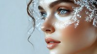 Woman with fair skin and blue eyes wearing sparkling crystalline face art and headpiece, showcasing glamorous makeup and beauty styling for editorial and fashion campaigns.
