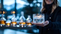 Young woman holding illuminated glass with ice cubes at bar counter with blurred whiskey bottles background creating moody evening atmosphere.