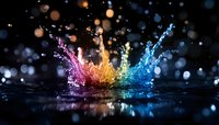 Colorful liquid splash with vibrant rainbow hues of purple, yellow, and blue bursting upward against dark background with bokeh particles, suitable for creative design projects.