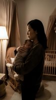 Asian mother holding newborn baby in cozy nursery room with warm lighting and rocking chair creating peaceful bonding moment for parenting content.