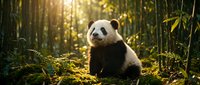 Giant panda cub walking through lush bamboo forest with golden sunlight filtering through dense vegetation, suitable for wildlife and nature content.