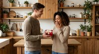 Young mixed-race couple exchanging gift in modern wooden kitchen with plants. Man giving present to smiling woman in cozy home interior during celebration.