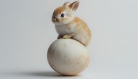 Adorable baby bunny with ginger and white fur sitting on large white egg against neutral background, creating whimsical Easter composition.
