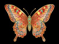 Ornate butterfly with intricate red, gold, and turquoise patterned wings, isolated on transparent background. Ready for t-shirt designs, clipart, stickers, sublimation, and print-on-demand products.