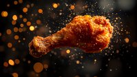 Crispy fried chicken drumstick with seasoning splash and golden bokeh lights on dark background, dramatic food photography for restaurant menu and advertising.