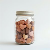 Glass mason jar filled with heart-shaped chocolate candies in various shades of brown and beige against white background, romantic food concept for Valentine's Day or love themes.