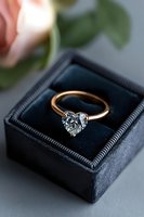 Heart-shaped diamond engagement ring in rose gold setting displayed in black velvet box with soft pink rose in background, elegant jewelry photography.