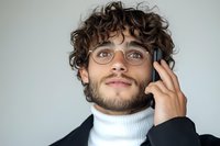 Young professional man with curly brown hair and glasses wearing white turtleneck sweater talking on mobile phone against light background, looking up with positive expression.