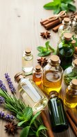 Natural essential oil bottles with cork stoppers, fresh herbs, cinnamon sticks and star anise on wooden background for aromatherapy and wellness treatments.