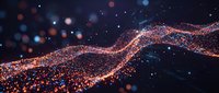 Abstract digital particle wave flowing through dark space with glowing orange and blue lights creating dynamic energy pattern for technology backgrounds.