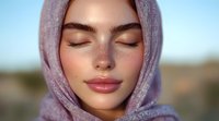 Young woman wearing lavender hijab with closed eyes and serene expression against soft blue sky background, showcasing natural makeup and peaceful demeanor.
