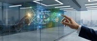 Businessman hand touching holographic digital network interface with glowing connections in modern office environment for technology presentations.
