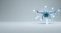 Futuristic drone with glowing blue lights and digital network connections on white background, representing advanced technology and autonomous flight systems.