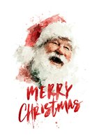 Watercolor style portrait of cheerful senior man in red hat with white beard and festive holiday greeting text for seasonal greeting cards and designs.