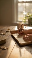 Person writing in notebook at wooden desk with coffee mug and window light, suitable for creative work, journaling, and lifestyle content.
