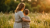 Caucasian mother and son standing in a sunny meadow, embracing from behind, surrounded by wildflowers in warm golden light.