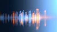 Glowing abstract city skyline reflection with orange and blue light streaks creating mirror effect on dark background, modern minimalist urban design.