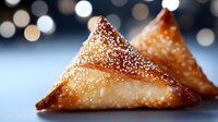 Golden crispy samosas with sesame seeds on wooden surface against bokeh lights background for restaurant menu and food photography.