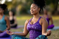 Young woman of African descent in purple sports bra meditating outdoors on yoga mat with group in background. Fitness, wellness, mindfulness and outdoor exercise concept for health campaigns.