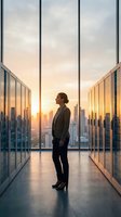 Professional businesswoman standing in modern office corridor with floor-to-ceiling windows overlooking city skyline at sunset for corporate concepts.