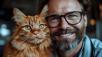 Smiling man with glasses and beard posing with fluffy ginger Maine Coon cat. Close-up portrait showing bond between pet owner and feline companion.