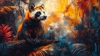 Artistic raccoon in mystical forest setting with dramatic orange and blue color palette, surrounded by exotic foliage and atmospheric smoke effects.