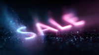 Glowing neon sale text with sparkles and particles on dark background creates magical retail atmosphere. Pink and blue colors blend in cosmic effect.
