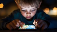 Young Caucasian boy focused intently on mobile device screen in dark room with glowing bokeh lights, face illuminated by blue digital display light, modern childhood concept.